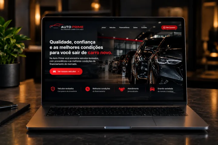 Site da Auto Center Prime aberto em um notebook.