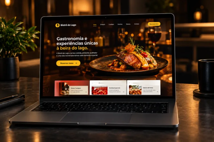 Site do Bistrô do Lago aberto em um notebook.