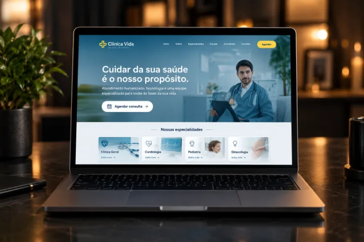 Site da Clínica Vida aberto em um notebook.